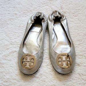 Tory Burch Minnie Leather Ballet Flats Silver